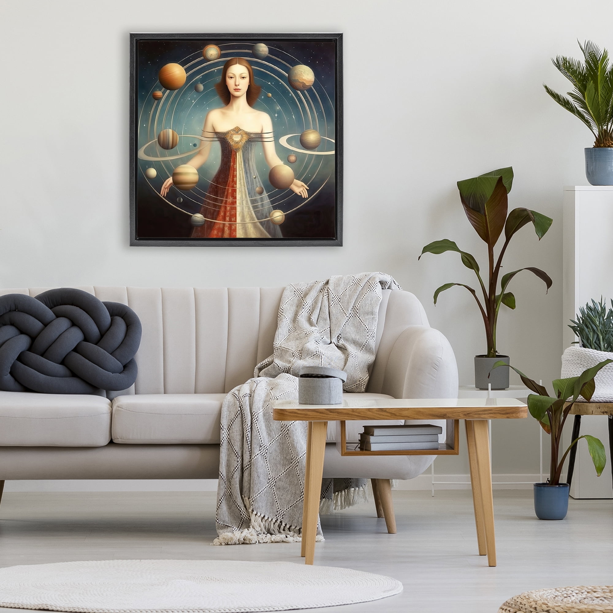 Galactic Orbits Woman Black Framed Floater Canvas Wall Art, design by Sasha
