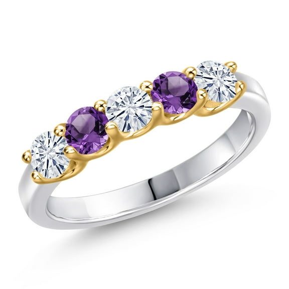 Gem Stone King 925 Silver and 10K Yellow Gold White Moissanite and Purple Amethyst Wedding-Bands Ring for Women | 0.80 Cttw | Round 3.5MM | Gemstone Birthstone | Size 8
