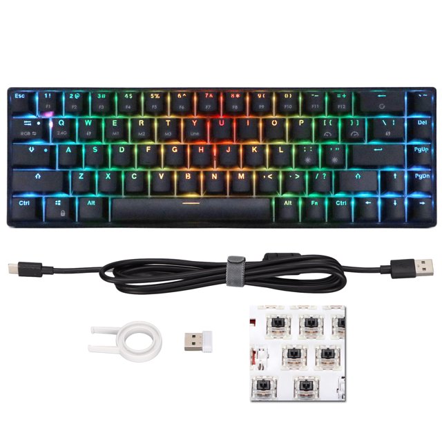 Teclado mecánico inalámbrico de 2,4G, negro, 68 teclas, retroiluminación dinámica RGB, teclado inalámbrico para juegos para Windows, interruptor negro