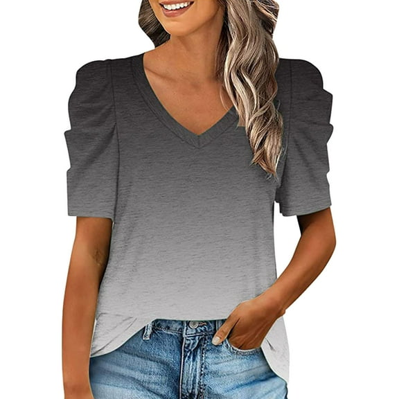 Womens Casual Gradient Printing Tops V Neck Short Sleeve Ruched T Shirts Top Tee Curved Hem Top Teen T Shirt Apparel T Womens Athletic Tee Shirts Womens Short Sleeve Spandex Long Sleeve Women Active