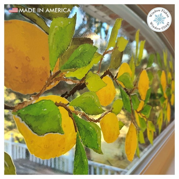 Lemon Branch Window Cling Sticker Decals for Home Décor and Kitchen Glass Decoration. Peel and Stick Privacy Film Spring Accents. Reusable. Made in America. (Large)
