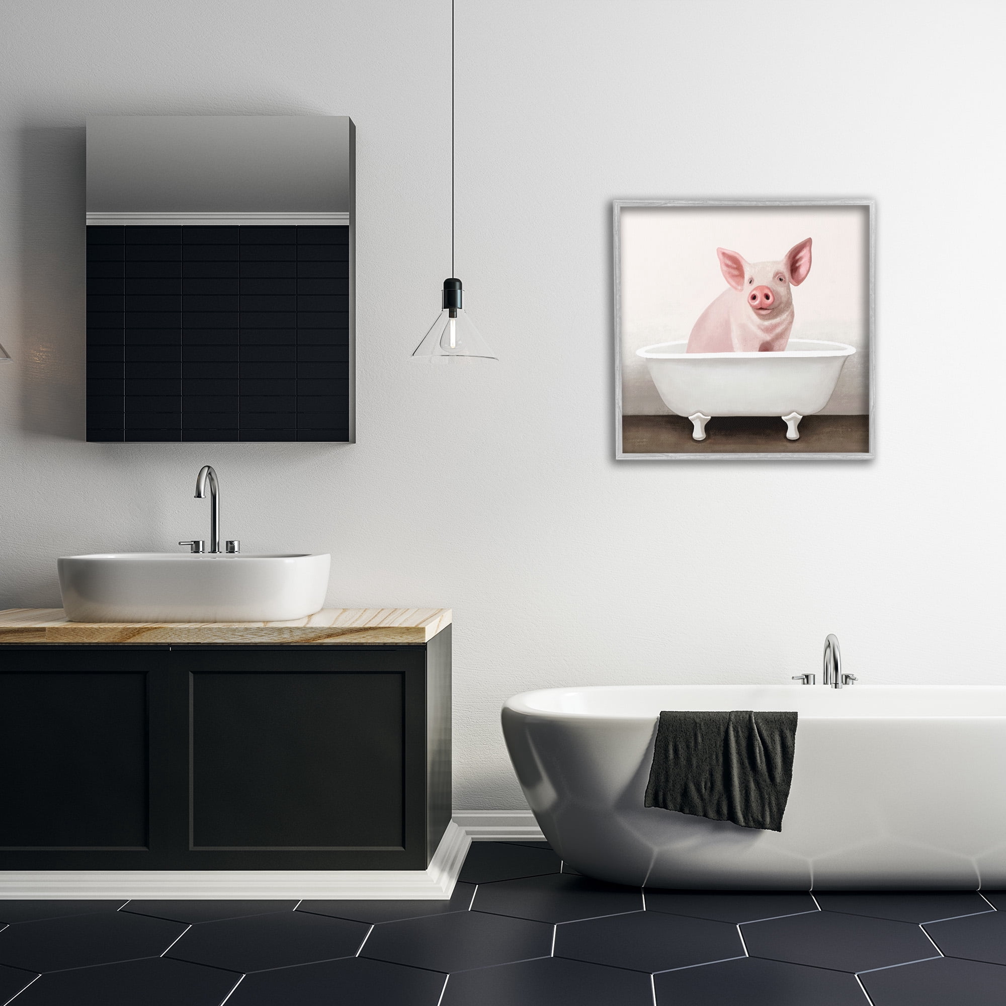 Stupell Industries Pink Farm Pig in Country Bath Tub Animals & Insects Painting Gray Framed Art Print Wall Art, 24 x 24
