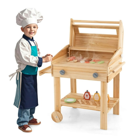 Costway Wooden Barbecue Grill Playset with Play Food Grilling Tools & Accessories