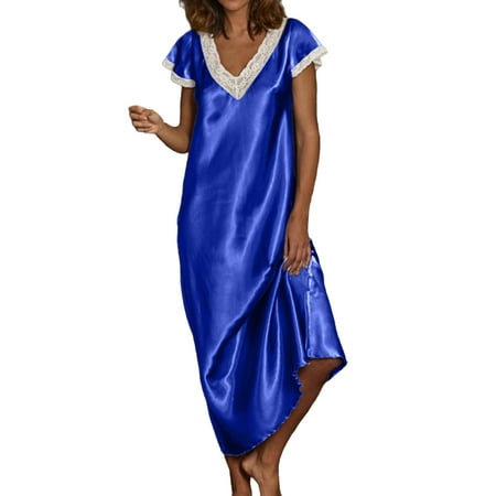 

Lumento Ladies Sleepwear V Neck Nightdress Short Sleeve Nightgowns Women Nightwear Nightshirts Soft Solid Color Pajama Blue XL