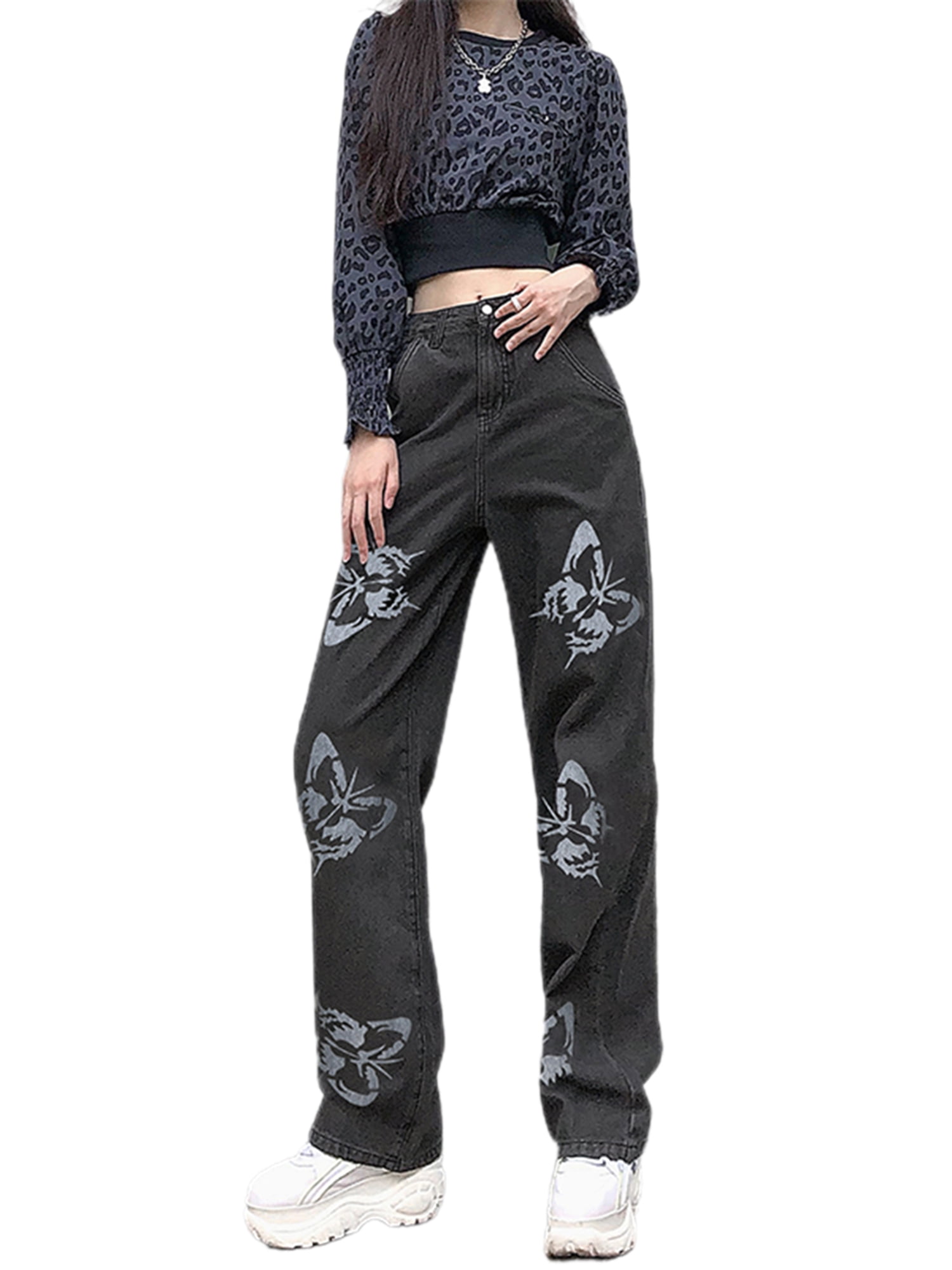High Waisted Jeans-Butterfly Print Baggy Jeans Y2K Jeans Streetwear ...