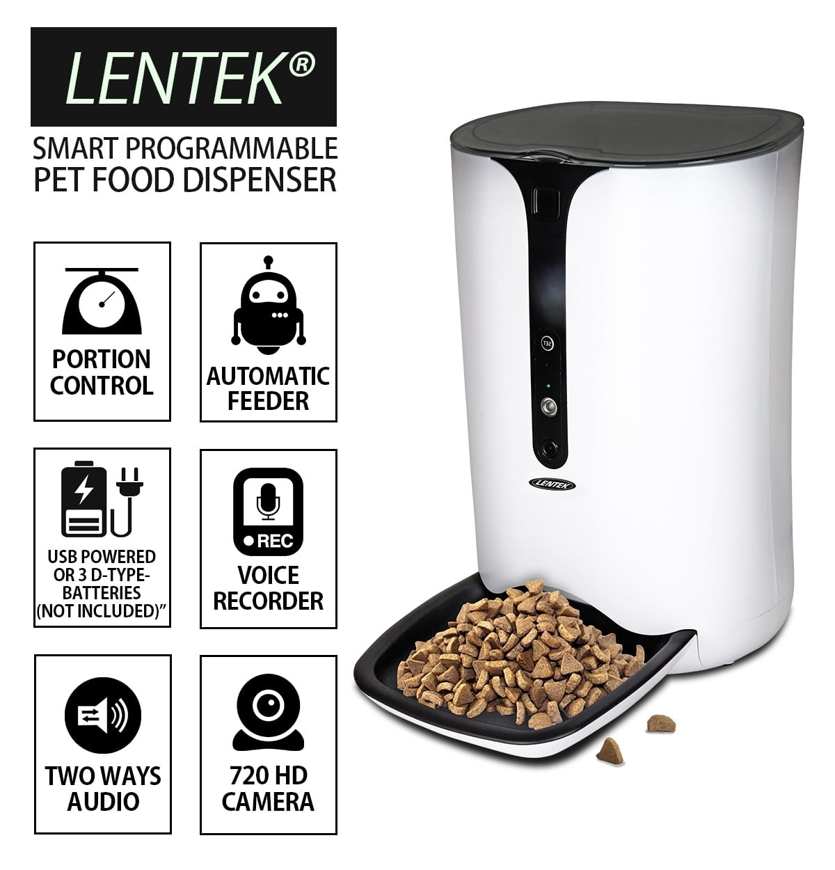 Lentek Smart Pet Feeder with 720p HD Video, 2-Way Audio, 200 oz. Programmable WiFi Cat or Dog Food Dispenser, Schedule Mealtimes, Automatic Portion Control, Free App for iPhone and Android Smartphone