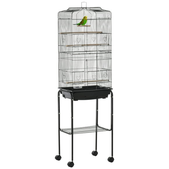 PawHut 62" Bird Cage Budgie Cage with Wheels, Detachable Stand, Storage, Black