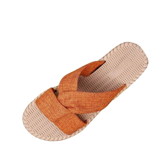 Floleo Women's Cross Strap Fabric Slide Sandals, Open Toe Woven Trim Midsole Slip-On Footwear, Five Solid Tone Lightweight Non-Slip Summer Casual & Beach Slippers(Orange,7)