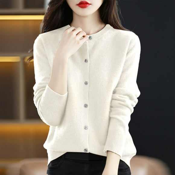 Women's Long Sleeve Round Neck Knitted Cardigan Sweater Top - Lightweight Soft Polyester Pullover for Casual Wear