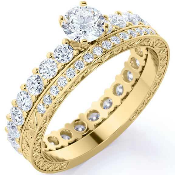 JeenMata Stunning 1 ct Round Moissanite - Prong Set - Eternity Band - Engagement Ring - Vintage Wedding Set - 18K Yellow Gold over Silver