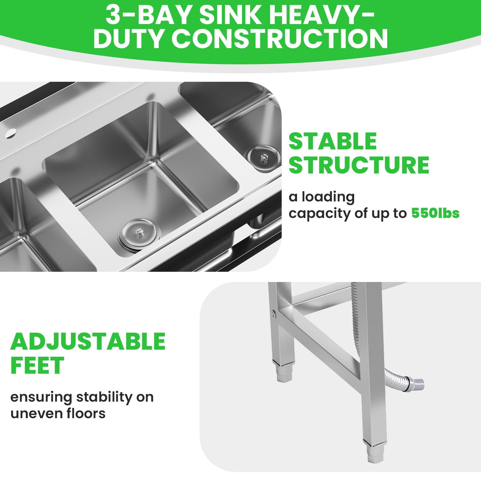 Heavy Duty 3-Compartment Kitchen Sink Stainless Steel Commercial Utility Sink Free Standing Outdoor Sink Large Capacity Wash Sink 51" x 31.5" x 19.7" for Catering, Kitchen, Garage