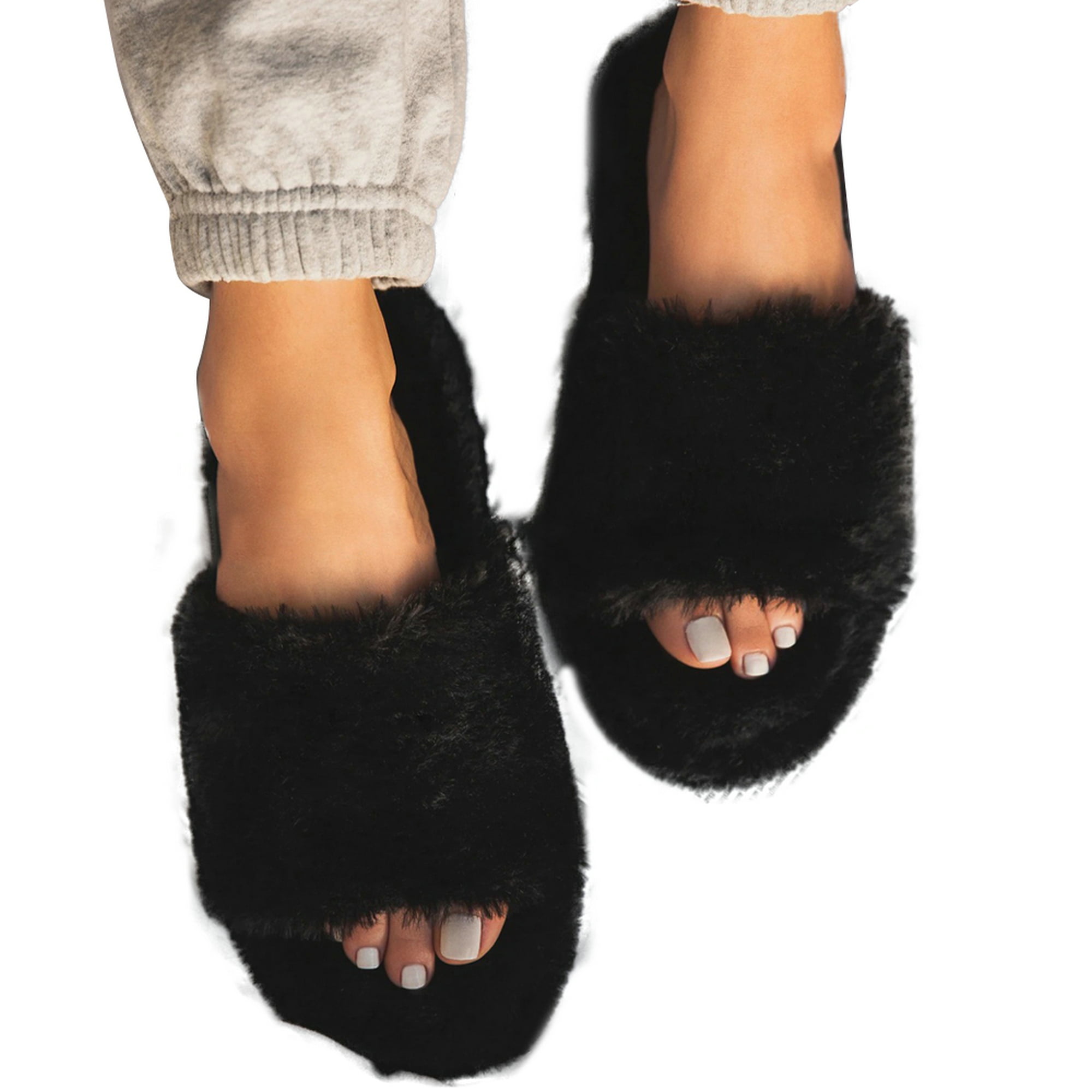 Womens Fur Fluffy Sliders Flat Slip On Leather Slippers Casual Sandals Pumps UK