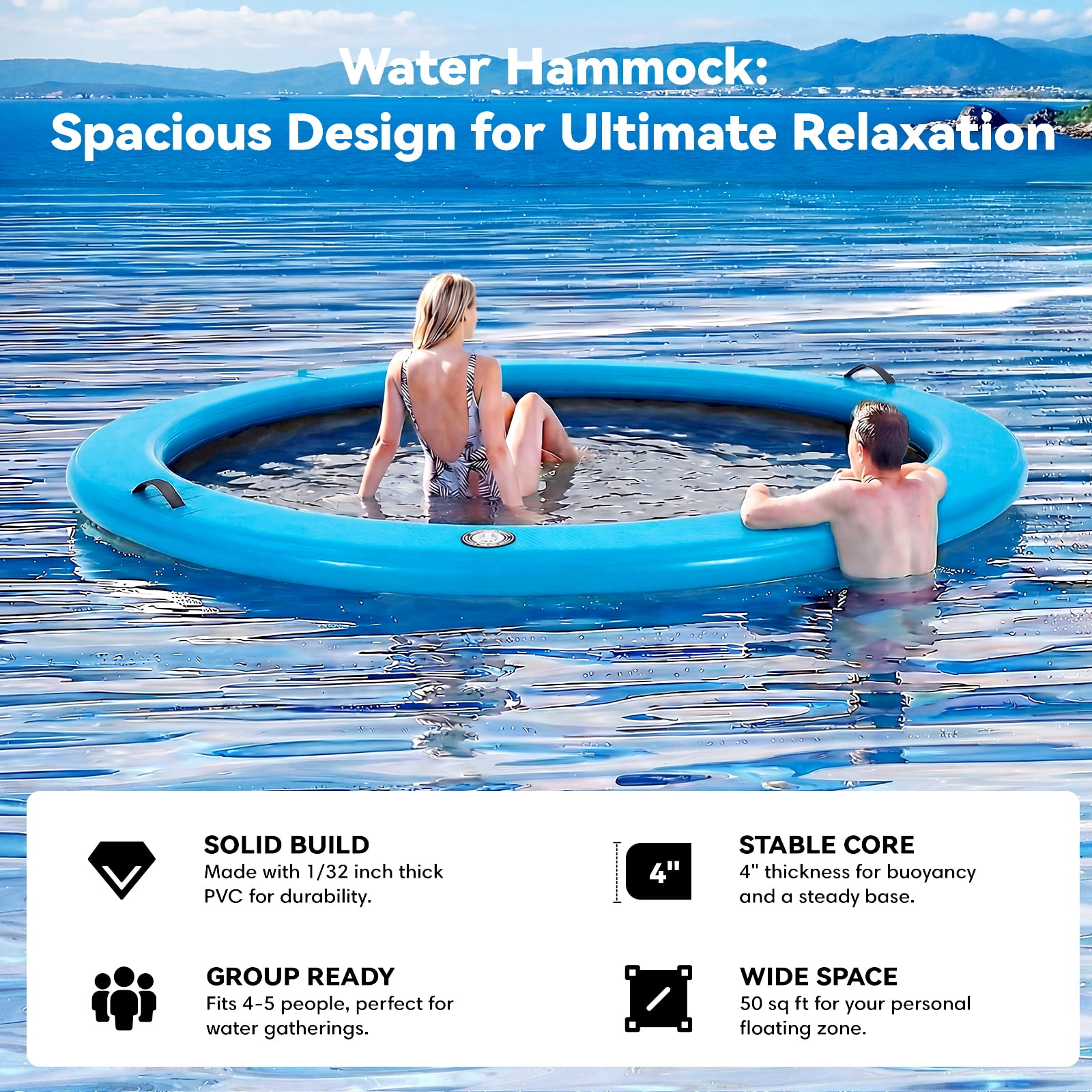 Danrelax 8FT Sunchill Round Inflatable Float Ring for Adults, Heavy Duty Hammock Pool Lounger with Pump, for Lake, Ocean & Pool