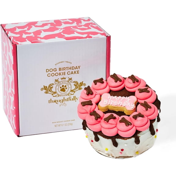 Thoughtfully Dog Birthday Cake, Peanut Butter Flavored Mini Cookie Cake Treat, Hand Decorated Pink Hollow Biscuit Cake