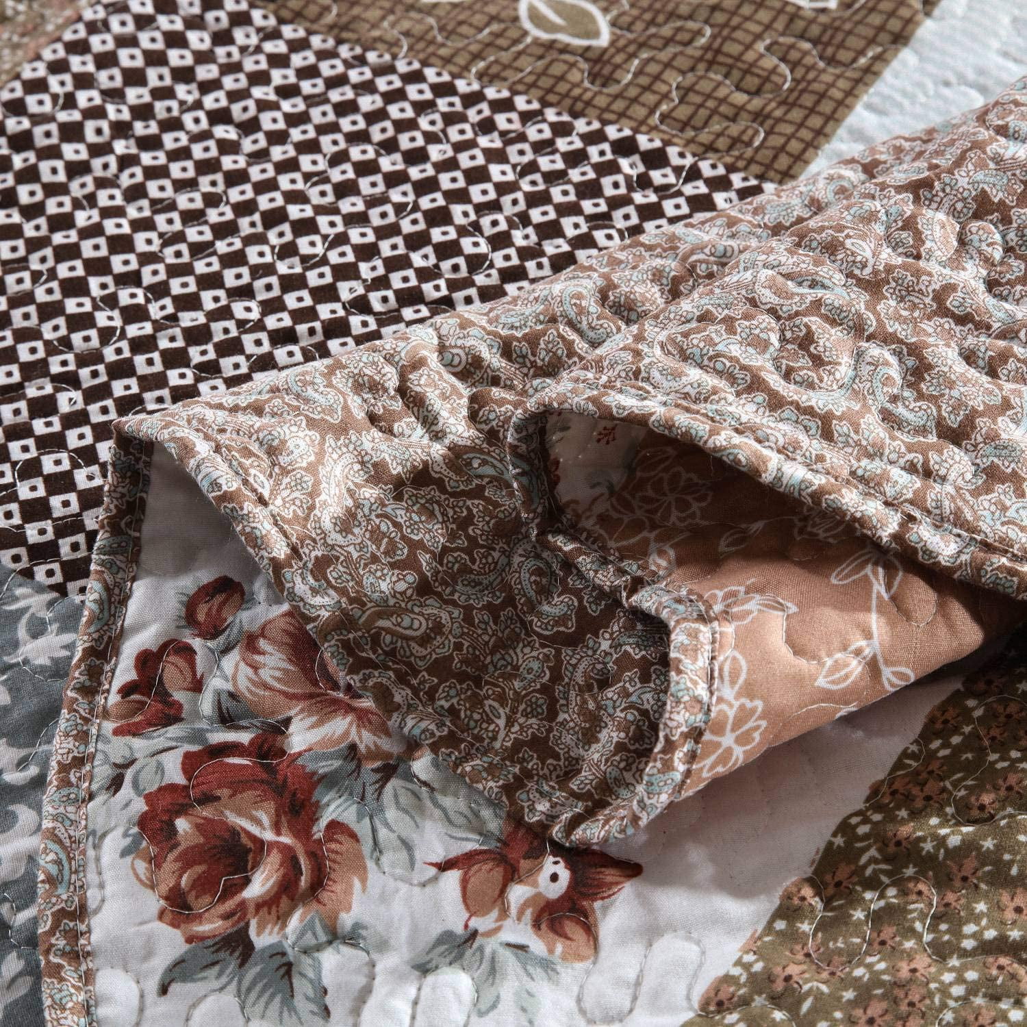 WannaToo Floral Bedding Set Mocha Rose Splicing Microfiber Double Stitching Quilts, King-Reversible