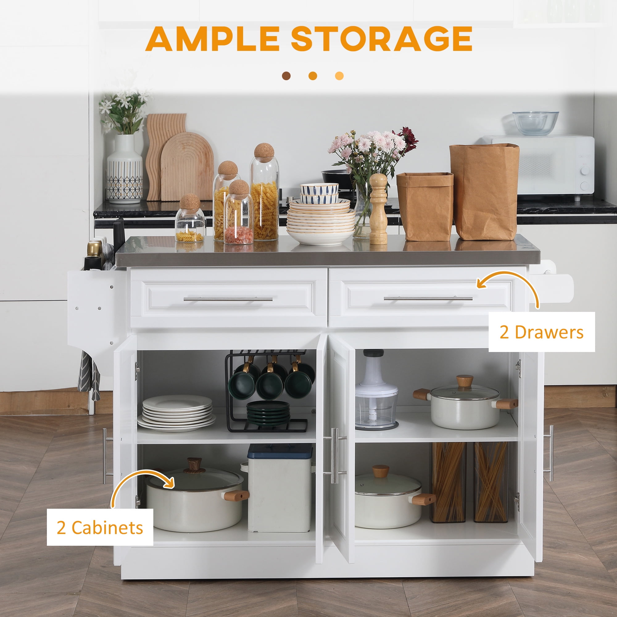 HOMCOM Rolling Kitchen Island Cart with Cabinets and Drawers, White