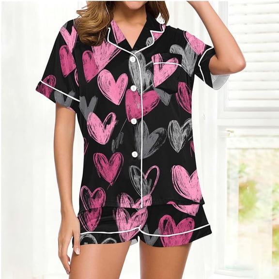 Xdegoge Valentines Pajamas for Women Set Matching 2 Piece Outfits Heart Graphic Sleepwear Short Sleeve Button Down Lapel Tops and Shorts Lounge Pjs