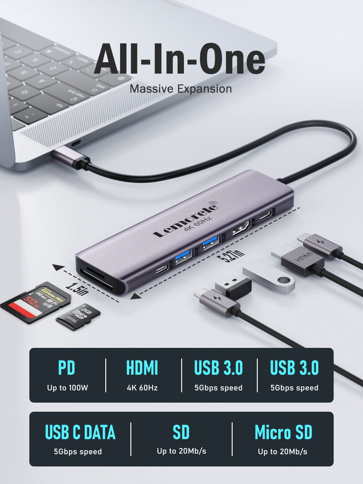 Lemorele 7-in-1 USB-C Docking Station with 4k HDMI, 100w PD Fast Charging, SD/TF Card Slot, USB 3.0 5Gpbs, Type-C 3.0, USB C Dongle for Hp/Lenovo/Asus/Dell