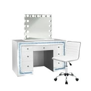 Makeup Diamond Vanity Set Includes Glam Hollywood Mirror + Makeup Table with Multi Drawers (White)