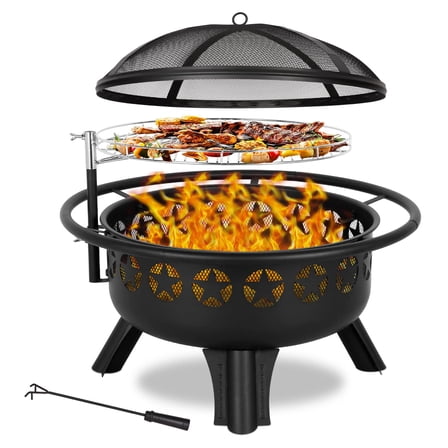 Romswi 31 in Fire Pit Round Campfire Wood Burning Large Firepit Firewood for Outside Grill Patio Garden Camping Include Swivel Cooking Grate Poker