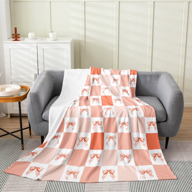 Erosebridal Orange Bowknot Sherpa Blanket 50x60,Plaid Patchwork Fuzzy Blanket Throw,Geometry Decor