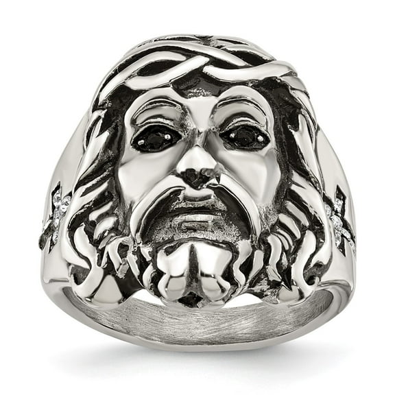Primal Steel Stainless Steel Antiqued and Polished with Black and White Crystal Jesus Ring