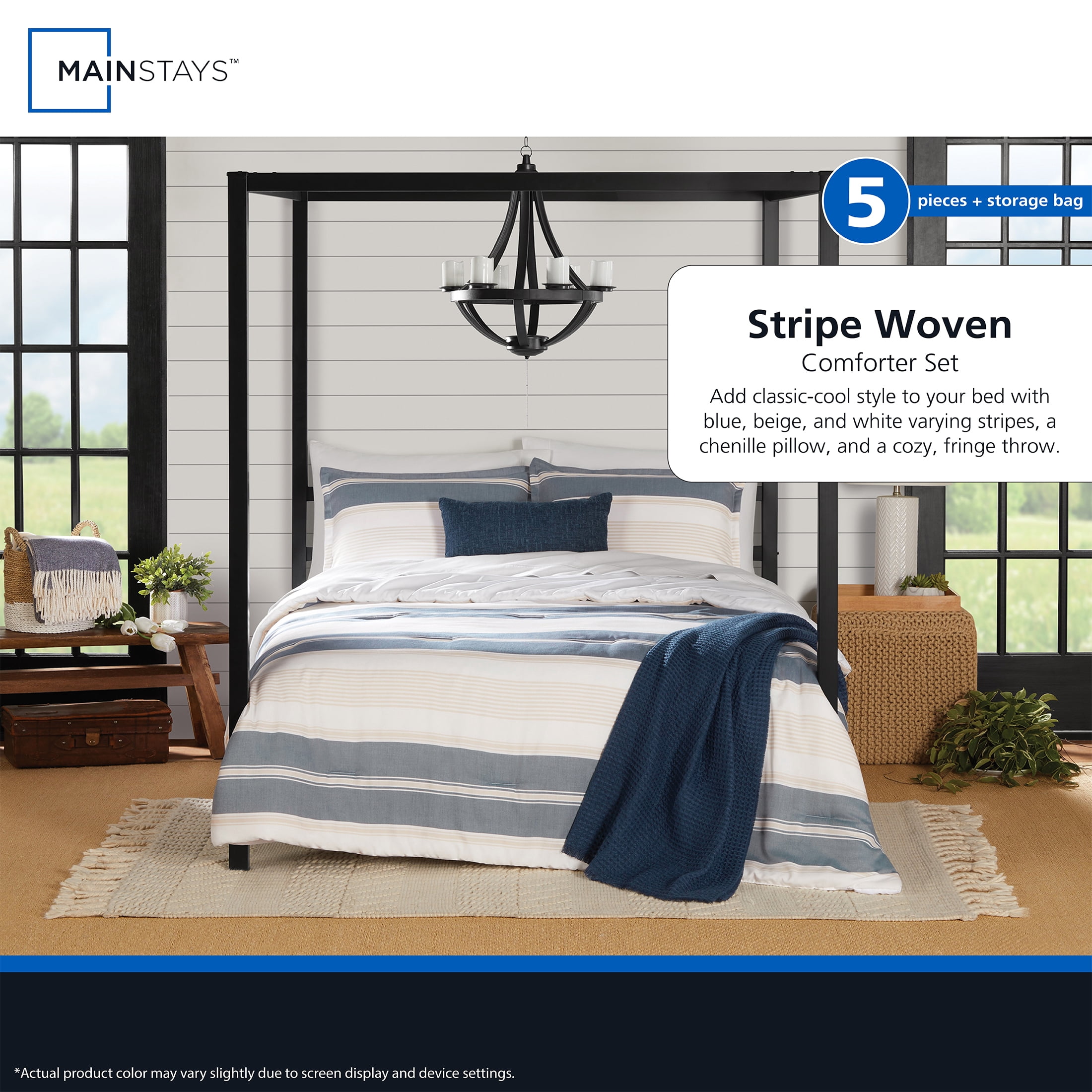 Mainstays King Comforter Set, All-Season, 5-Piece, Blue & Tan Woven Stripe