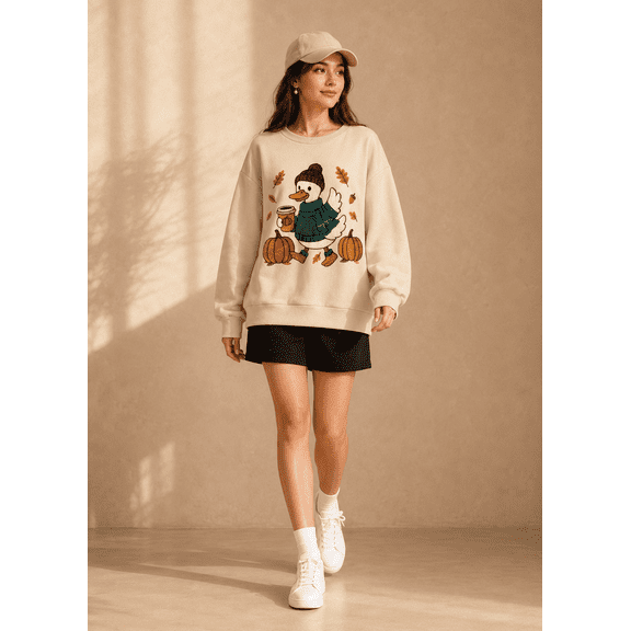 Celvora Women's Duck Graphic Crew Neck Sweatshirt, Apricot, S