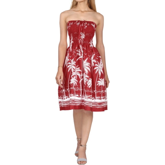 HAPPY BAY Women's Summer Boho Beach Backless Smocked Mini Swing Dress Tube Top Strapless Dresses for Women L-XL Red, Palm Tree