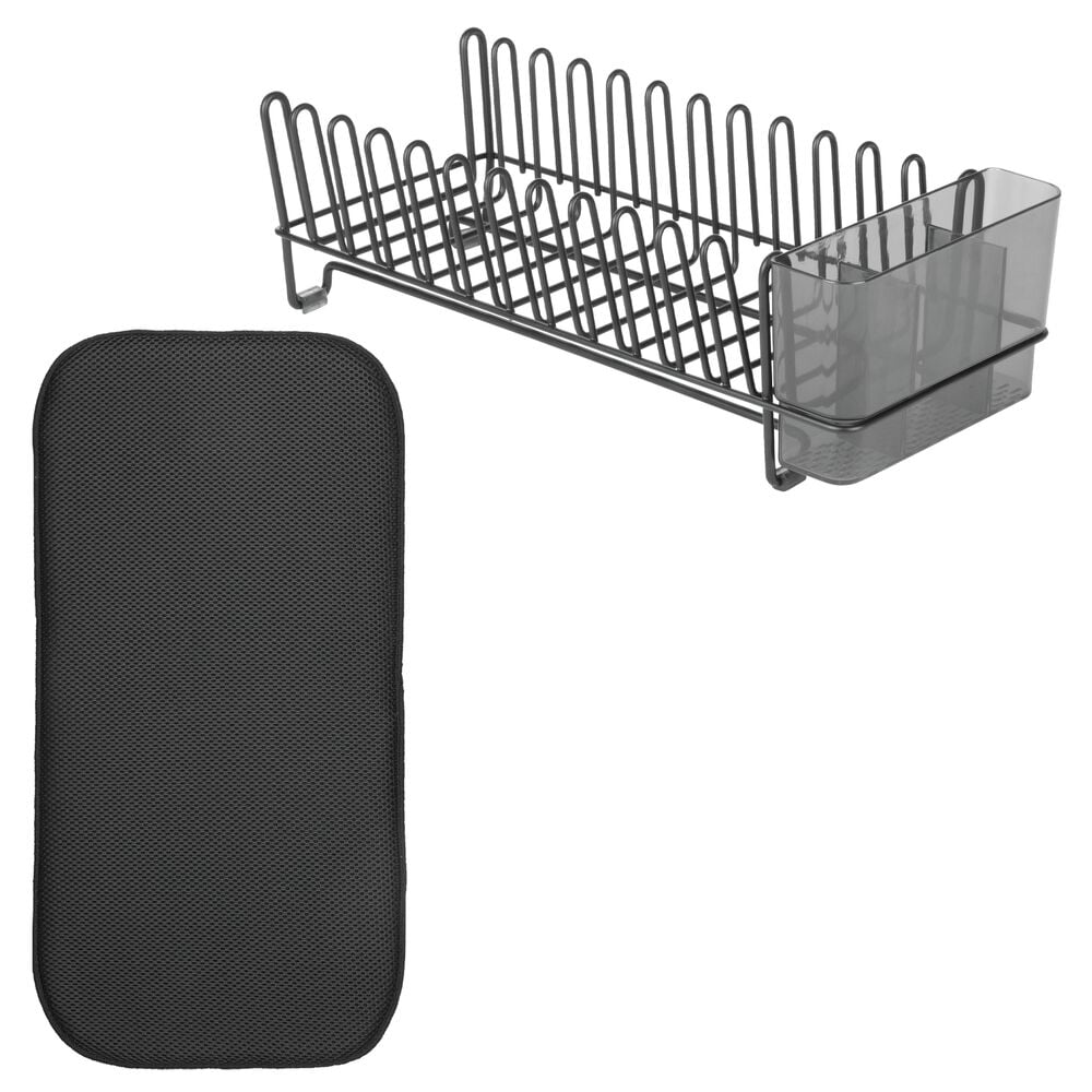 mDesign Kitchen Counter Dish Drying Rack & Microfiber Mat, Set of 2