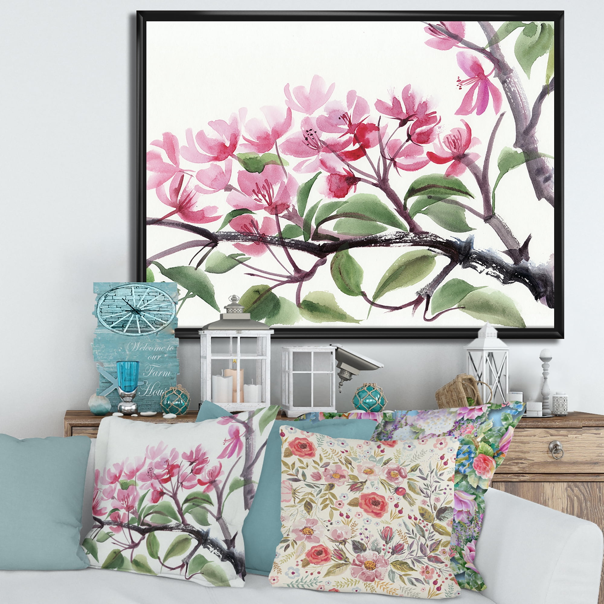 Designart 'Pink Blossoming Floral Tree' Traditional Framed Canvas Wall Art Print