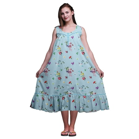 

Bimba Baby Blue Floral Leaves & Rose Sleeveless Cotton Nightgowns For Women Printed Mid-Calf Length Sleepwear X-Large