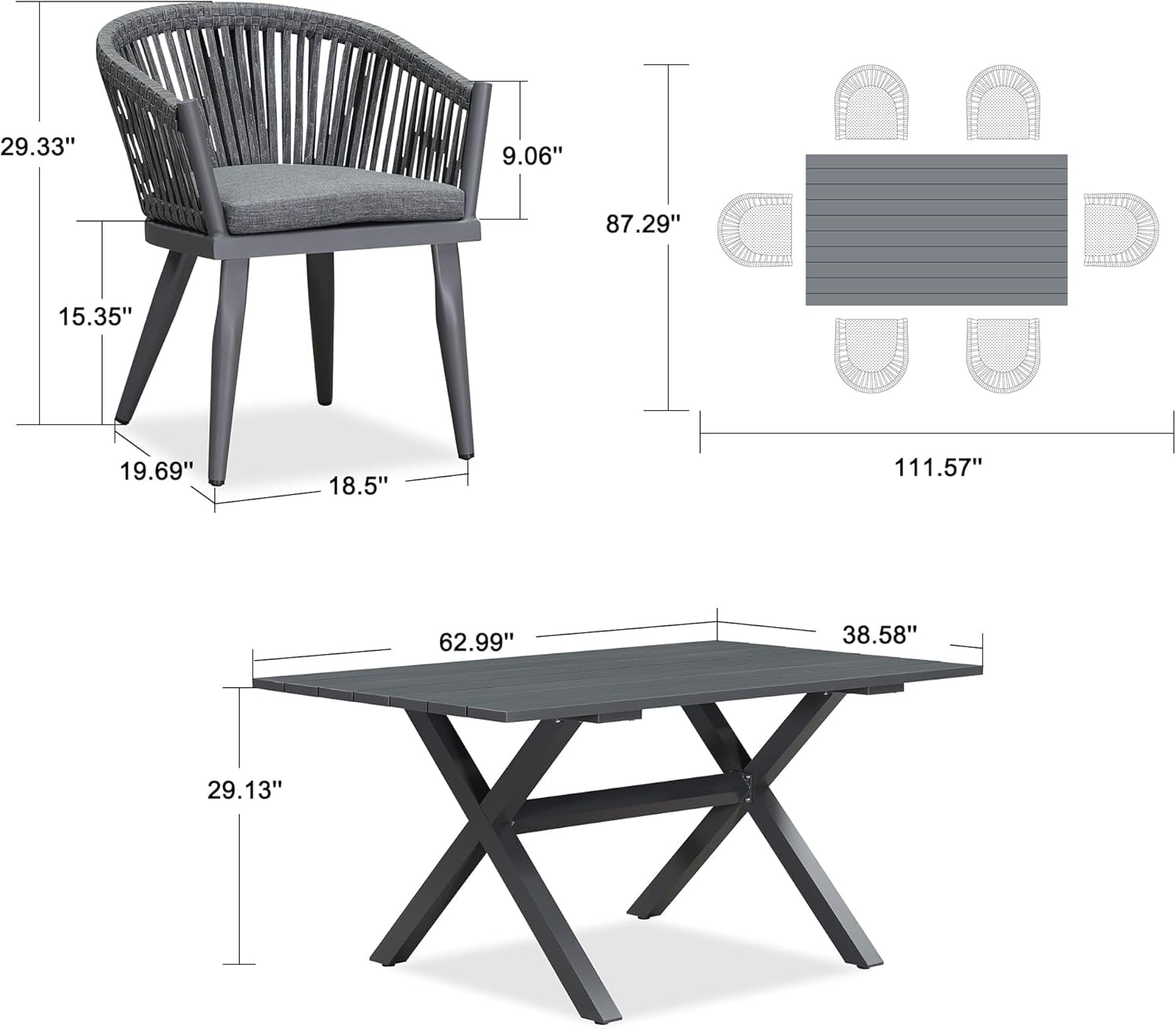 PURPLE LEAF 7 Pieces Patio Dining Set, Rectangular Aluminum Outdoor Table and 6 Wicker Chairs with Cushions for Garden Kitchen and Porch, Grey