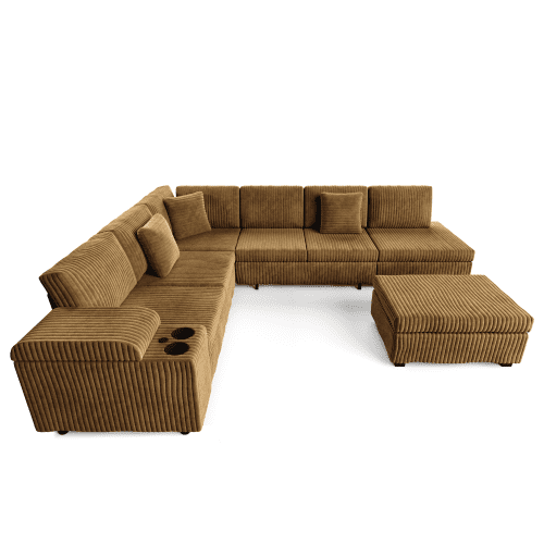 110.2" L-Shaped Convertible Sleeper Sectional Sofa Set with Removable Ottoman, Hidden Armrest Storage, USB & Type-C Charging Ports, Cup Holders, Plush Corduroy, Camel