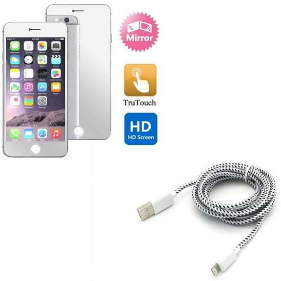iPhone 8/7/6S/6 - Charger Cord 6ft USB Cable w Mirror Screen Protector - Power Wire Braided Long Sync, Film Display Cover for iPhone 8/7/6S/6