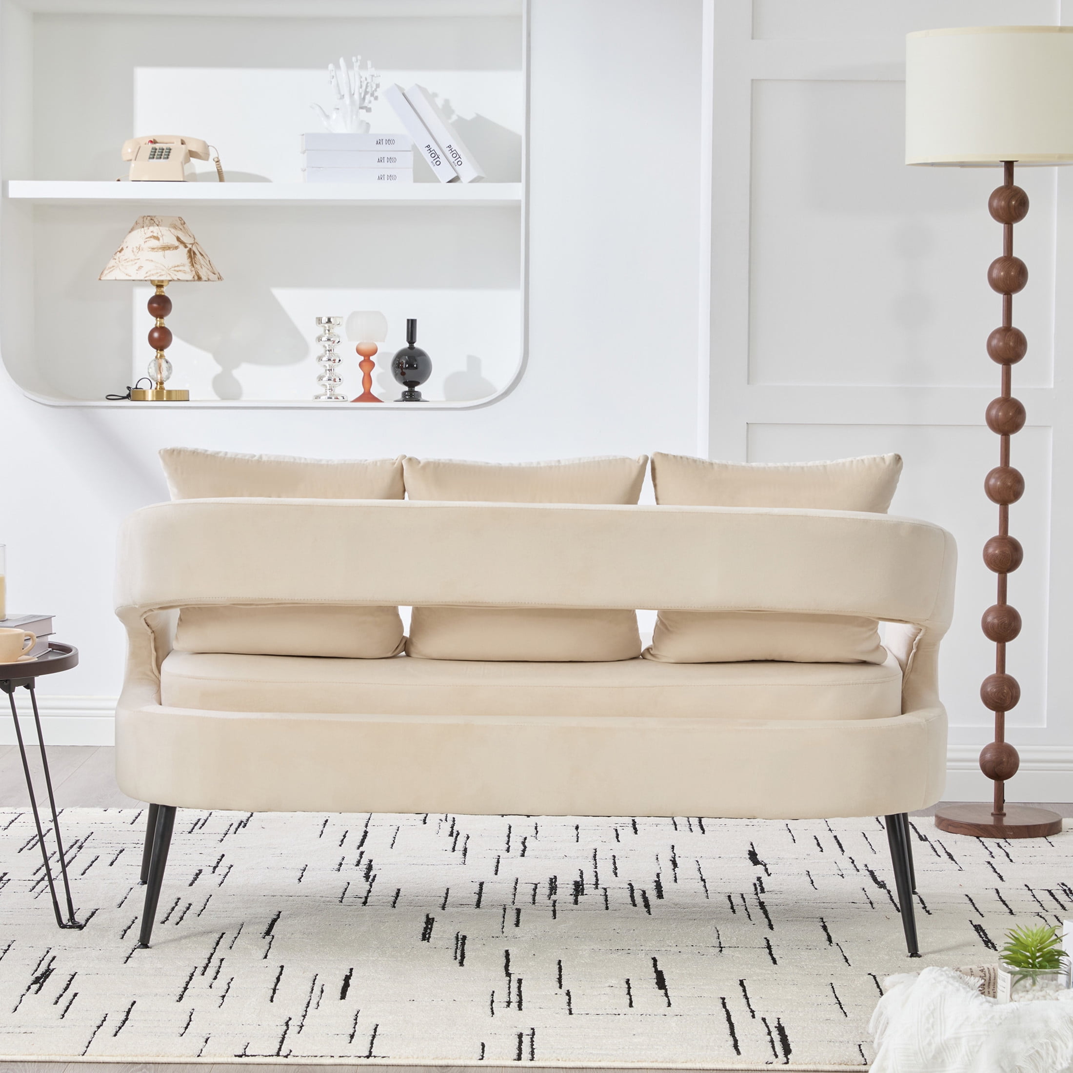 Noble House Norford 53.7" Velvet Open-Back Loveseat Settee, 2-Seater Small Sofa with Pillows and Metal Legs, Beige