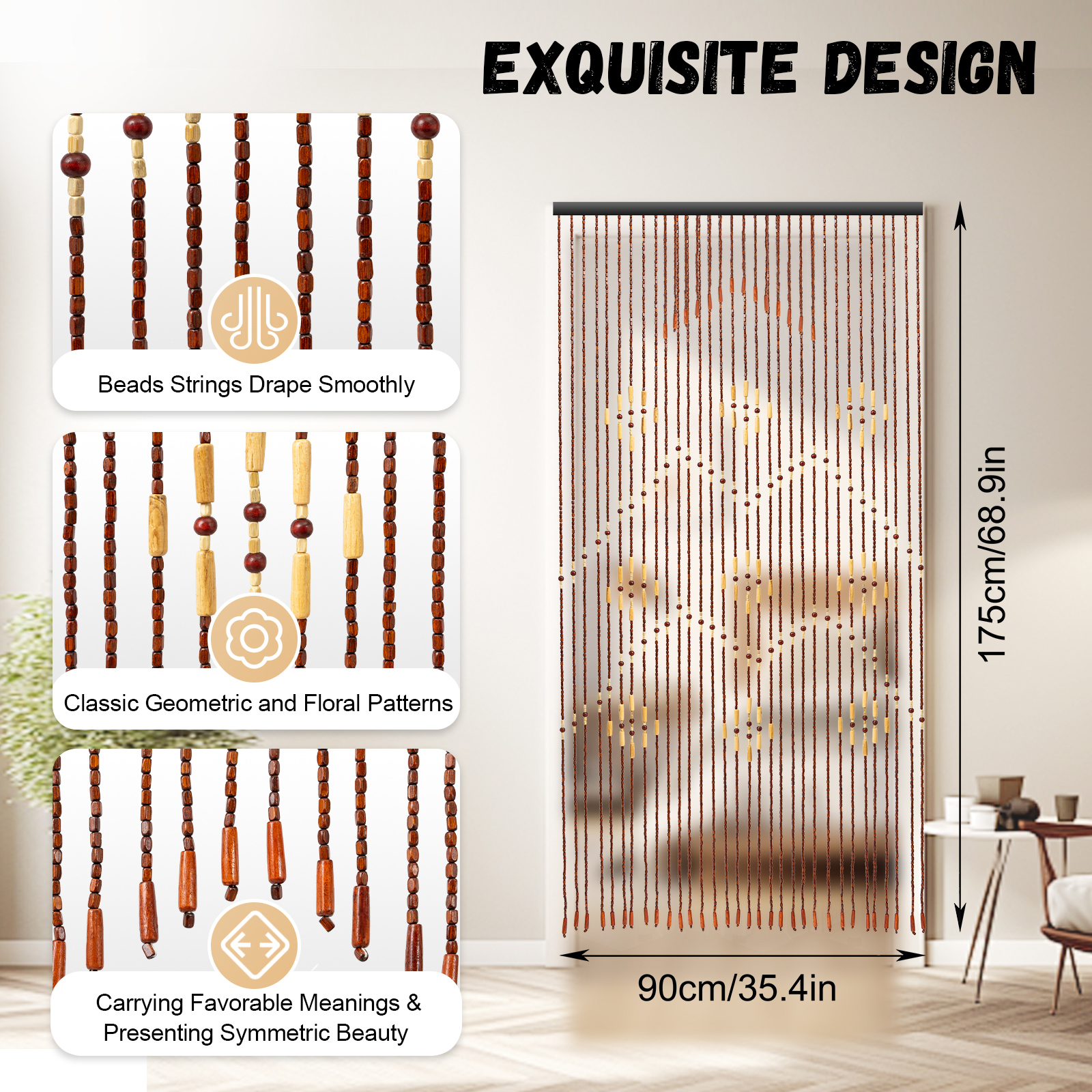 Coffee Beaded Door Curtain, for Doorways Hallway Closet Fly Screen,Wood Beads Boho Privacy Room Divider Curtains for Dividing Bathroom Kitchen RV Camper Window Coverings