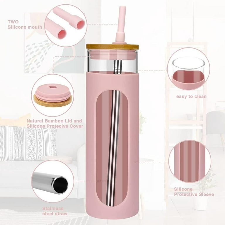 Zka Global 24 oz Reusable Boba Cup with Bambo Lid, 2 Straw with Silicon Tip and Cleaning Brush, Glass Tumbler with Silicon Protective Sleeve, Glass