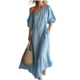 thumbnail image 5 of Karymi One Shoulder Maxi Dress, Casual Off Shoulder Puff Sleeve Solid Flowy Dress with Pockets, Summer Loose Beach Cover-Up Dress Easter Dresses for Women 2026, 5 of 8