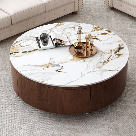 35.4" Modern Coffee Table for Living Room,Rustic Round Coffee Table with 2 Drawers and Sintered Stone Top, Modern Living Room Center Table