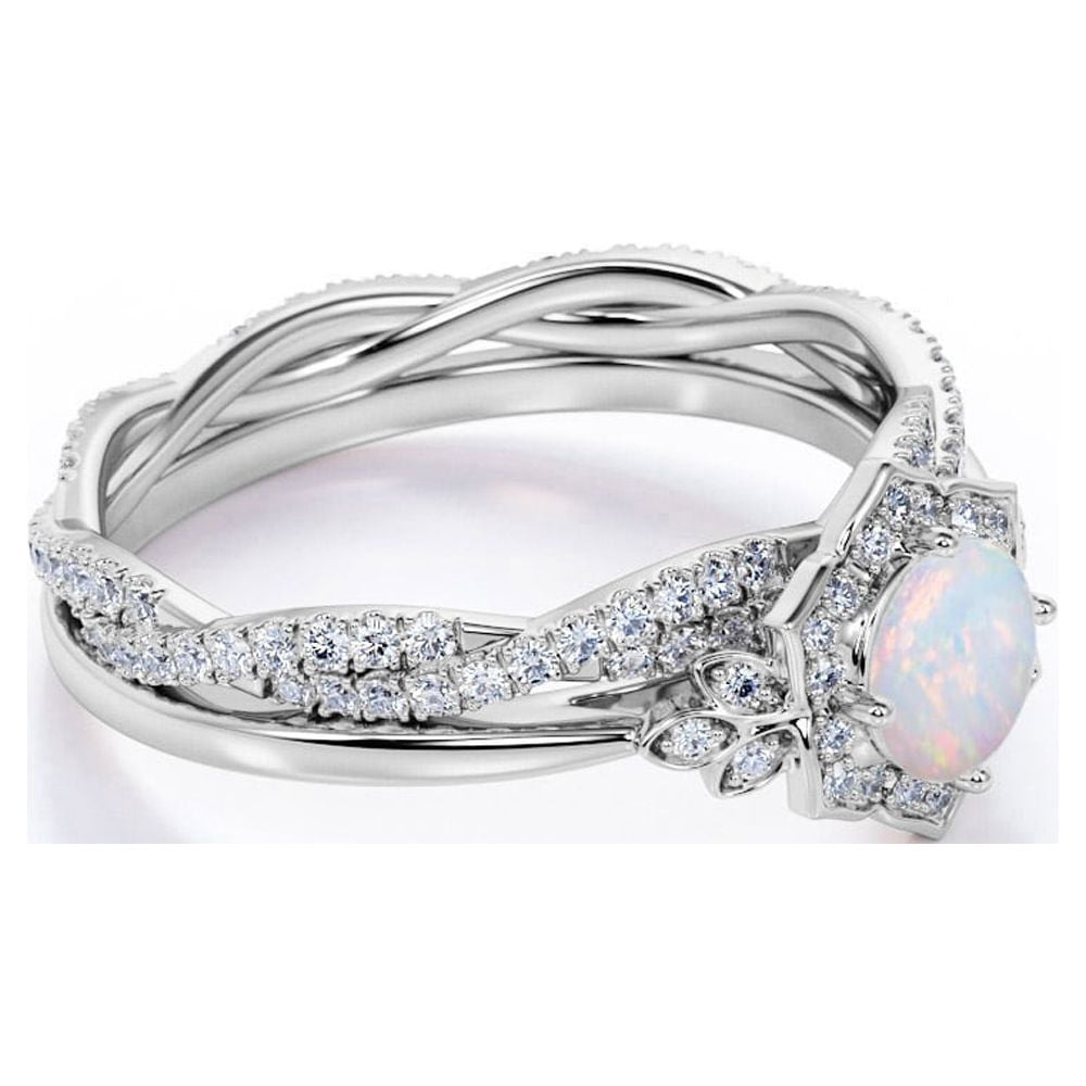JeenMata 1.75 ct Genuine Round Blue Lab Created Opal and Moissanite Bridal Ring Set in 18K White Gold over Silver