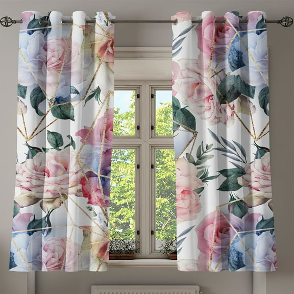 Ambesonne Geometric Floral Grommet Curtain, Roses Blossoming, 50"x60", Pale Pink and Hunter Green