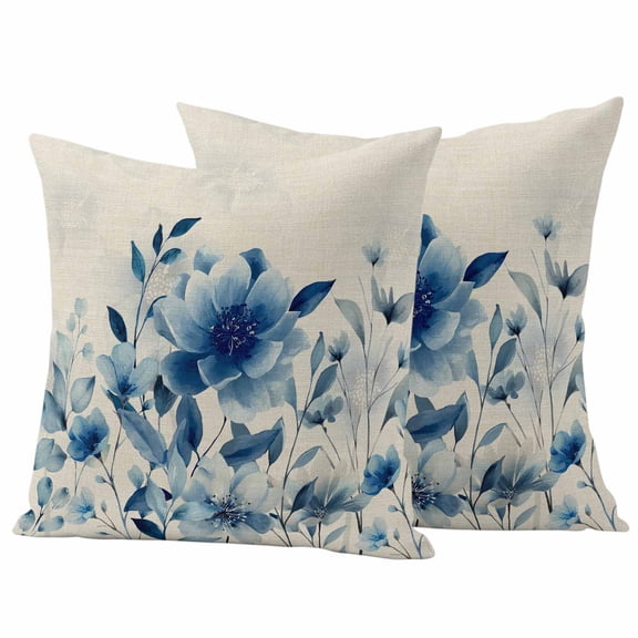 Blue Ombre Floral Outdoor Pillow Covers 20"x20" Set of 2,Waterproof Throw Pillow Covers for Patio Furniture,Spring Elegant Flowers Beige Rustic Decorative Cushion Pillowcases for Garden Couch Sofa
