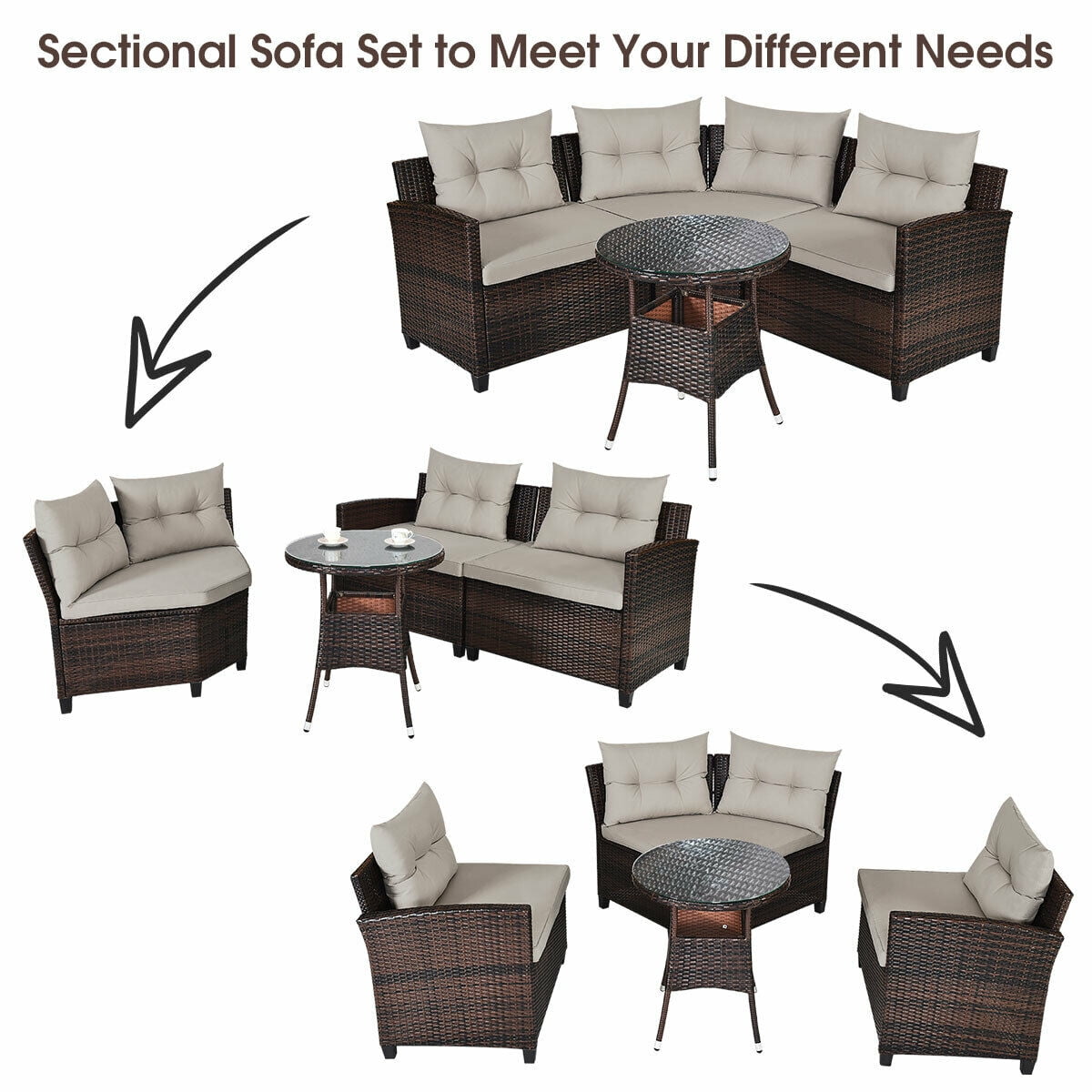 Gymax 4PCS Patio Furniture Set Outdoor Rattan Sectional w/ Cushioned Sofa Table