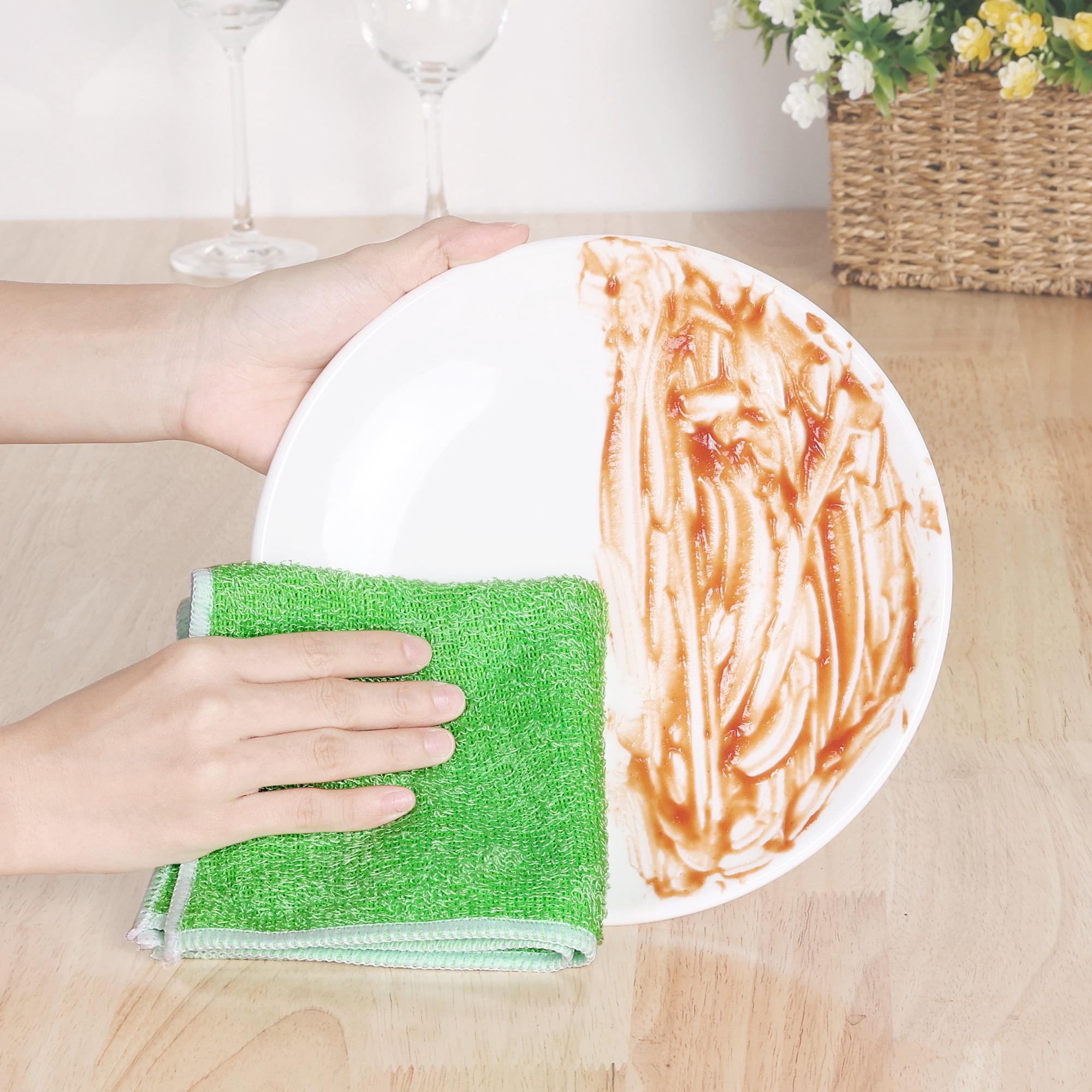 Unique Bargains 12 Pcs Wash Cloths Microfiber Absorbent Kitchen Rags Towel Green 7"x9"