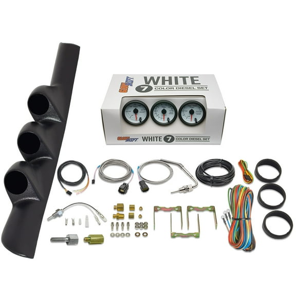 GlowShift | 2nd Gen 1998-2002 Dodge Ram 5.9 Cummins Black Triple Pillar Pod with White 7 Color Series 60 PSI Boost Gauge, 1500 Pyrometer EGT Gauge & Trans Temp Gauge