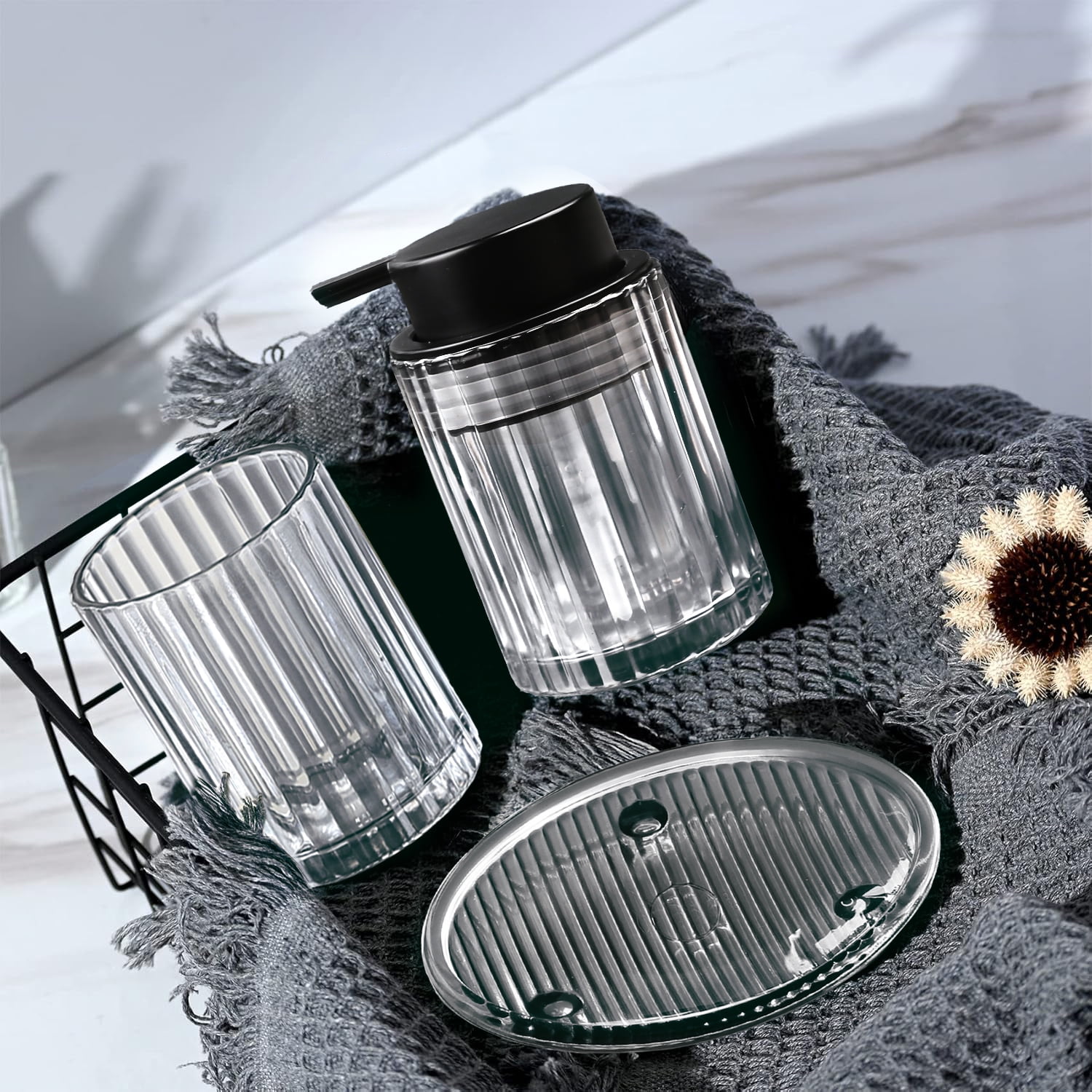 CERBIOR Bathroom Accessories Set, 4 Pcs Glass Bathroom Accessories Sets Complete w/Soap Dispenser, Soap Dish ,Toothbrush Holder,Tumbler, Bathroom Decor, Gift for Home Apartment, Black Grey