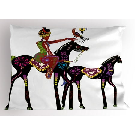 Animals With Women (Ethnic Pillow Sham Abstract Ancient Tribal Design of a Woman on a Horse with a Bird Animal Fun Image, Decorative Standard Queen Size Printed Pillowcase, 30 X 20 Inches, Multicolor,)
