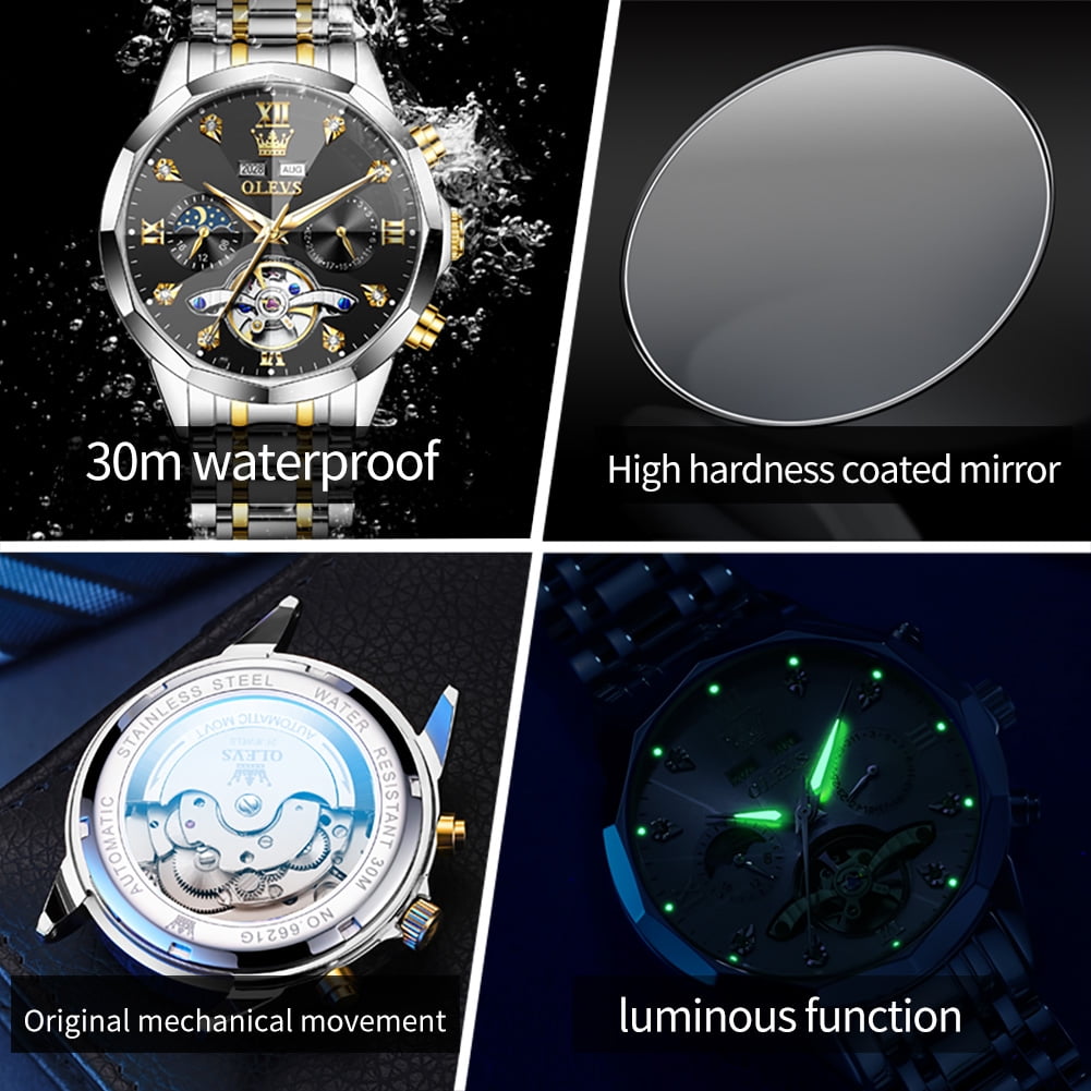 OLEVS Automatic Watches for Men Luxury Dress Waterproof Self Winding Mechanical Moon Phase Chronograph Stainless Steel Luminous Diamond Date Skeleton Tourbillon Wristwatch for Men Reloj Para Hombre