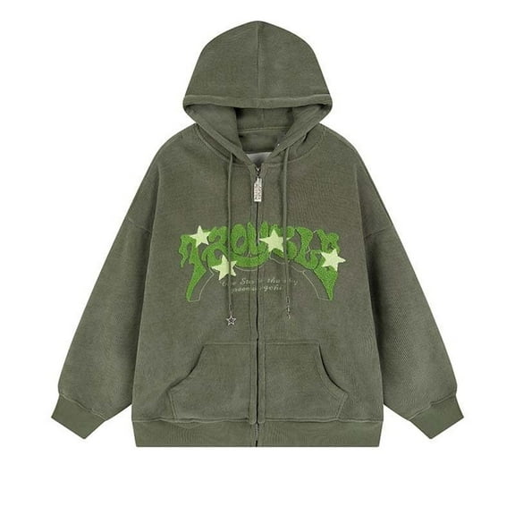 Fadeal Y2K Hoodie Zip Up Hoodie for Women Men Letter Print Star Graphic Hooded Corduroy Sweatshirt Jacket Cute Hoodies Green L